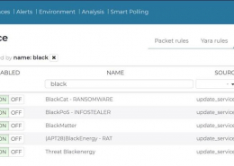 Screenshot Nozomi Guardian: Ansicht Threat Intelligence mit Auflistung gefundender Bedrohungen , u.a. Ransomware BlackCat und BlackMatter
