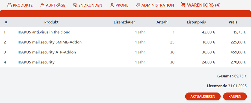 IKARUS Partnerportal - Warenkorb